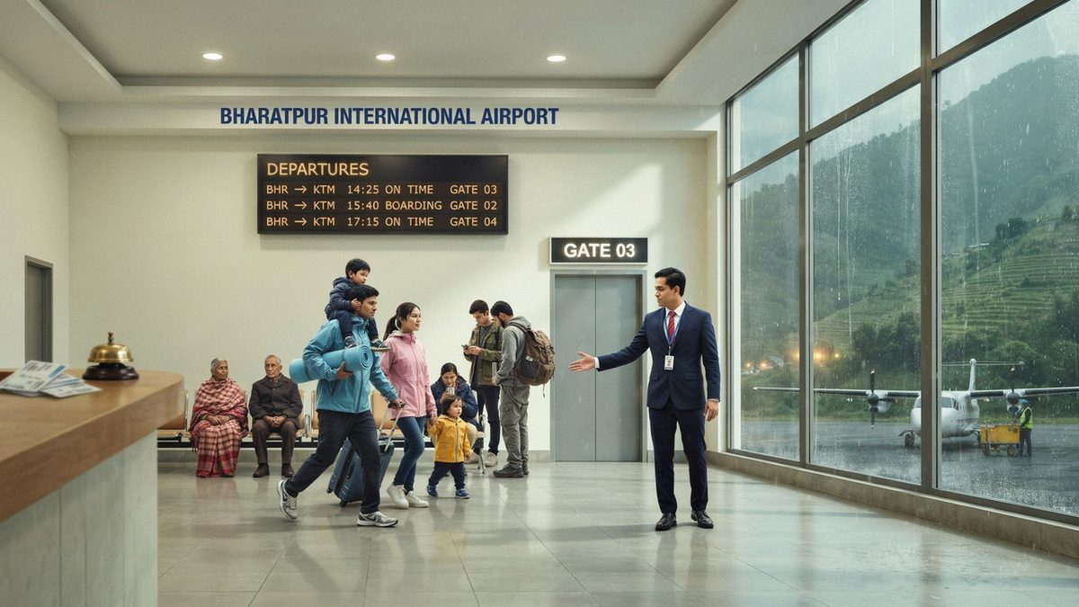ネパールの道路閉鎖を受けて便数が増加するバラトプル空港の航空機
