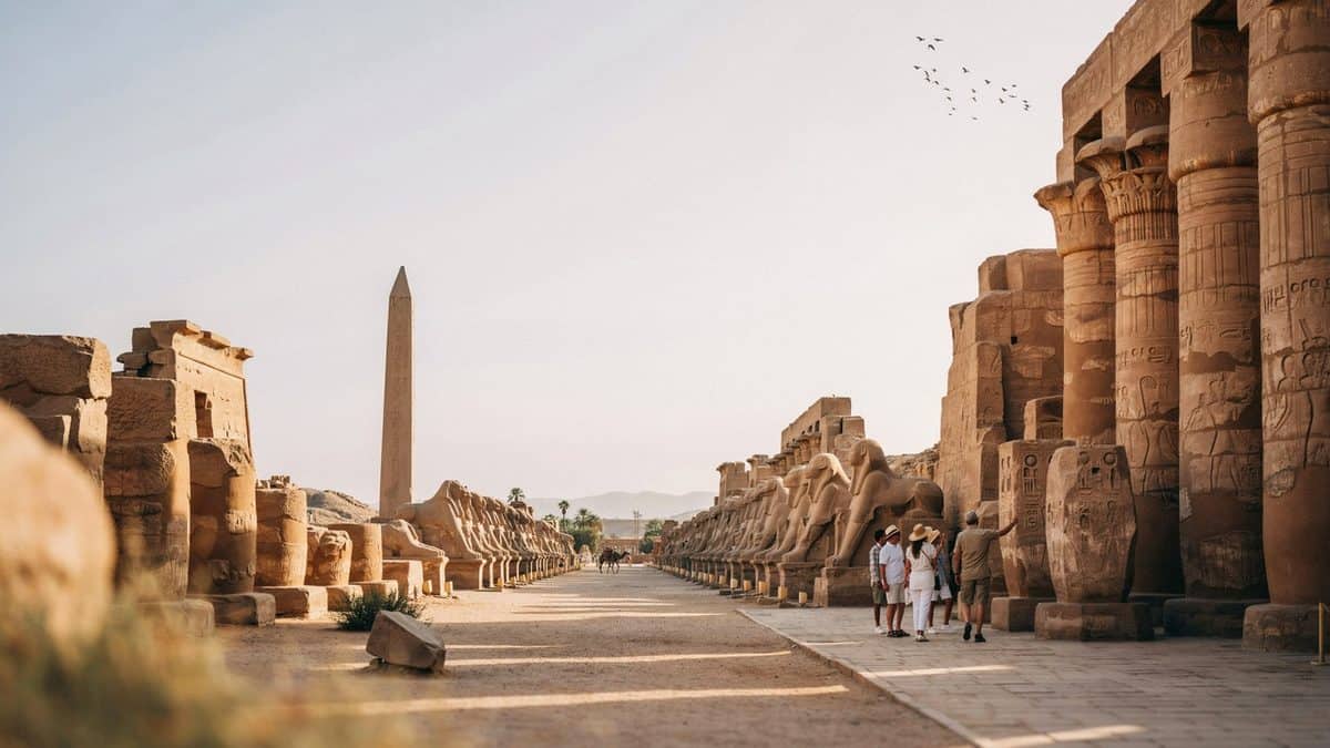 Tourists exploring ancient temple ruins