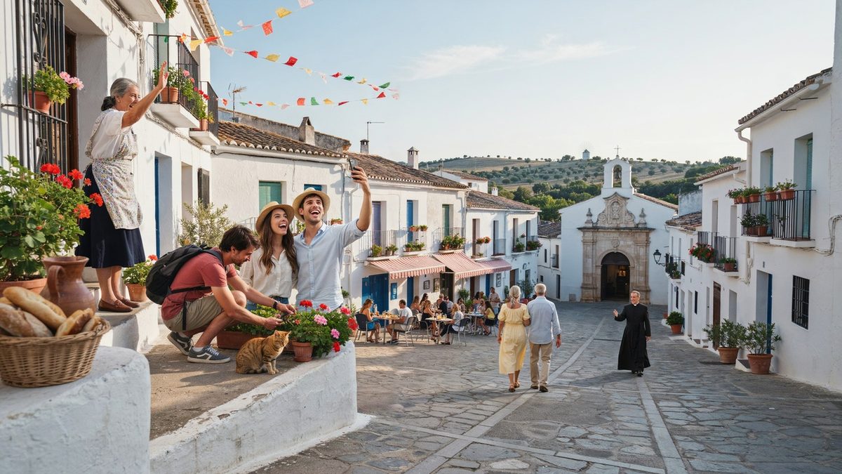 Tourists exploring white spanish village