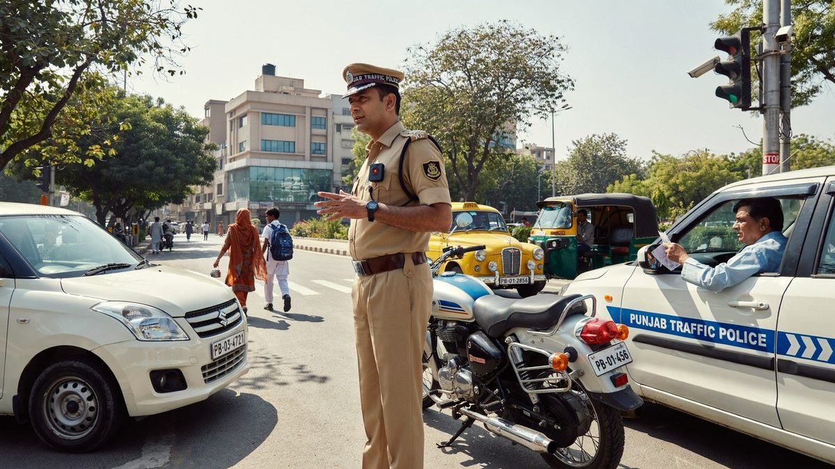 Body camera - travel and tour world Jalandhar traffic police officer using a body camera during traffic enforcement on a busy road in punjab india