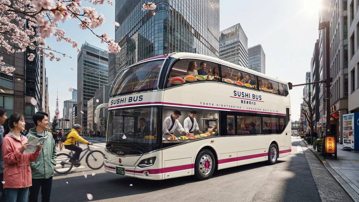 Open-top double-decker sushi bus in tokyo featuring conveyor belt sushi dining experience for international travellers