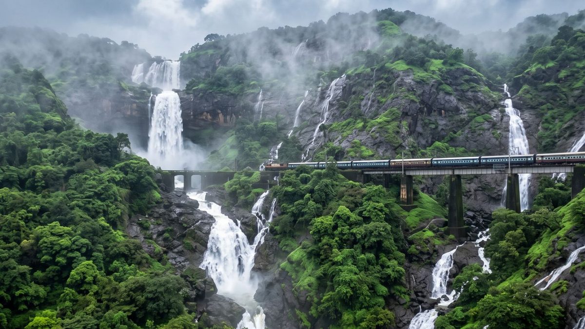 Kp falls maharashtra waterfall cascading beside railway bridge during monsoon in western ghats