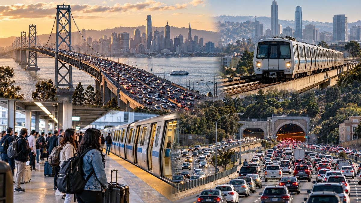 San francisco bay area traffic and bart trains during rush hour amid transit funding concerns