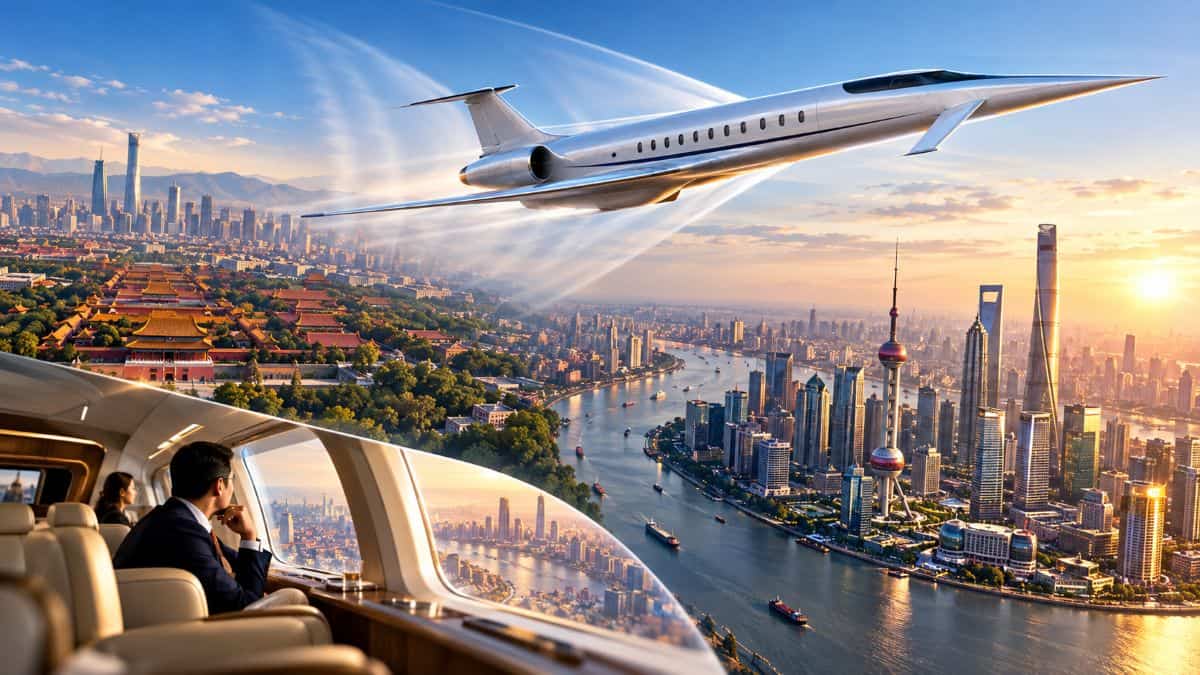 China tms-10 low-boom supersonic aircraft flying between beijing and shanghai