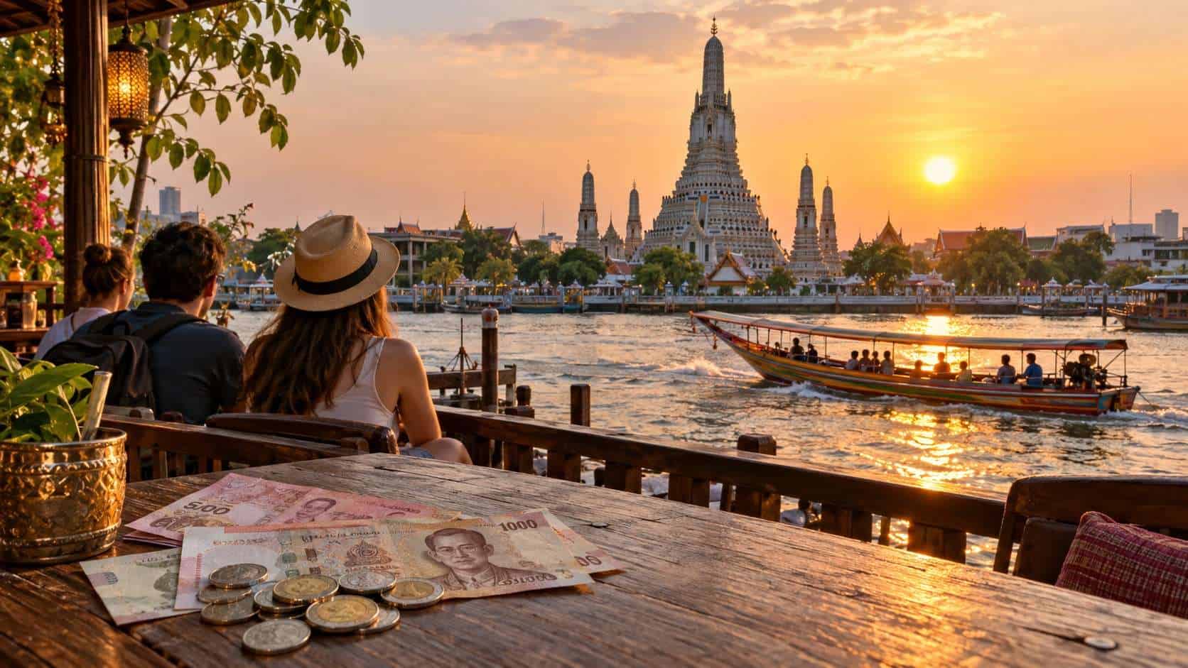 Thai baht notes and coins on a riverside table as tourists watch a boat pass wat arun in bangkok at sunset.