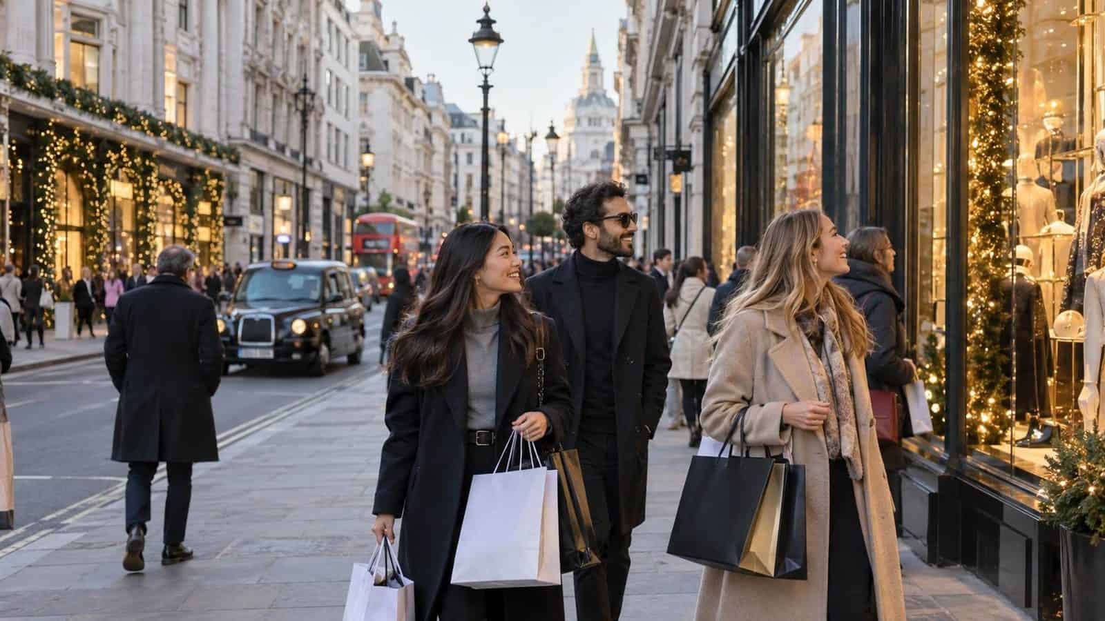 International tourists carrying shopping bags explore a busy central london retail street with elegant shops, a black cab and a red bus.