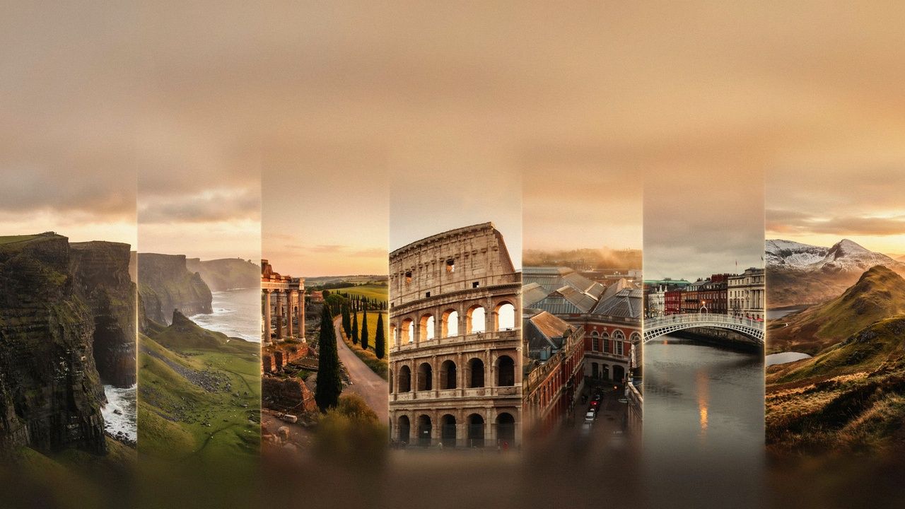 A striking seamless travel collage featuring ireland italy rome cork dublin and wales
