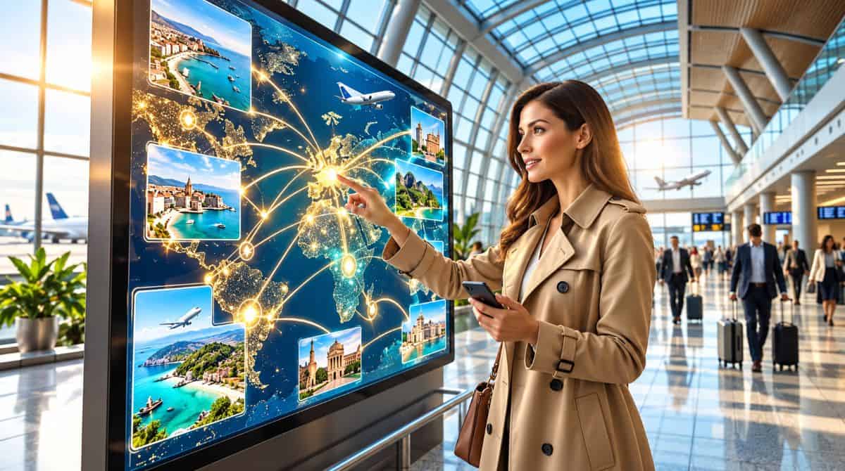 Modern hotel reception overlooking a luxury guest suite, illustrating ai-powered travel planning, real-time room availability and direct hotel bookings