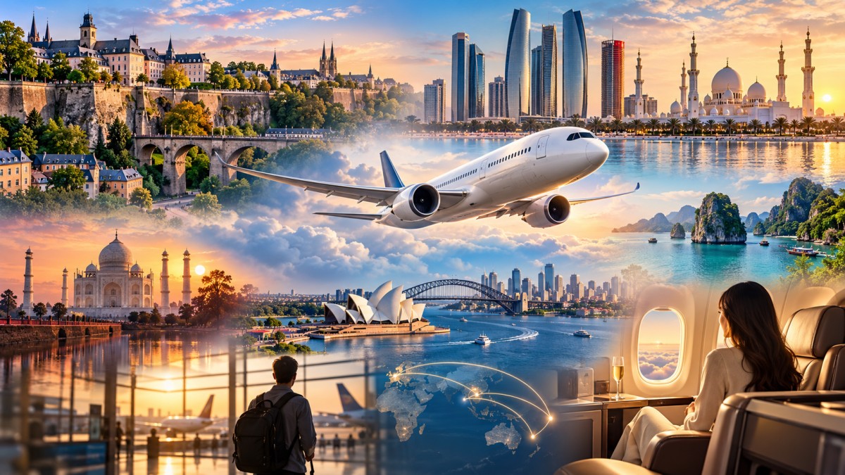 Airplane flying over global landmark collage