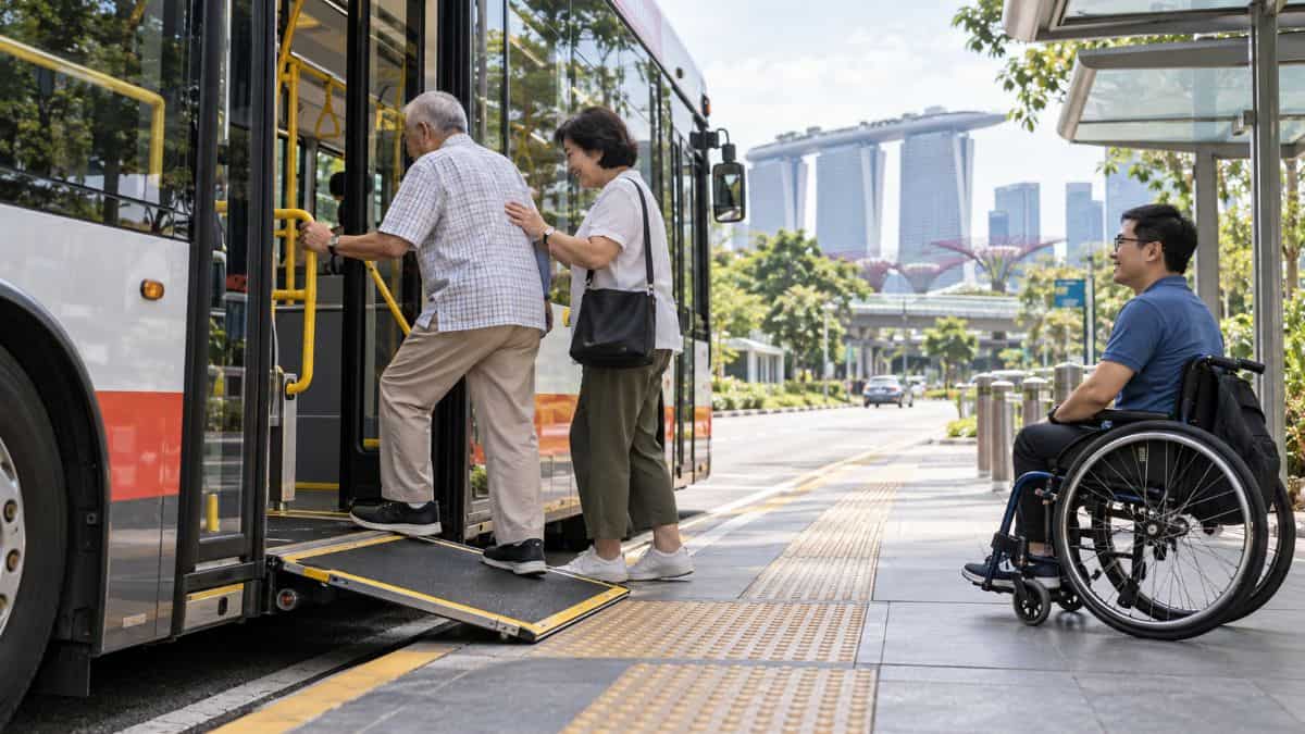 Accessible bus journey in singapore - travel and tour world An older traveller boards a singapore city bus using its ramp as a wheelchair user waits nearby.