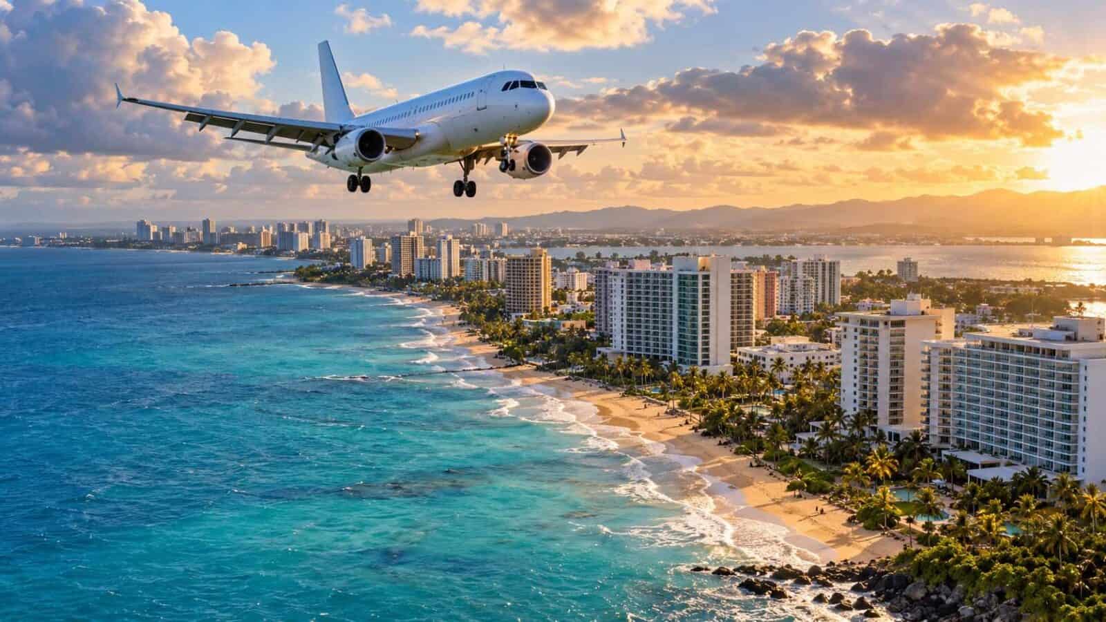 Puerto rico - travel and tour world Unbranded aircraft approaching coastal hotels in san juan, illustrating the puerto rico travel rebound.