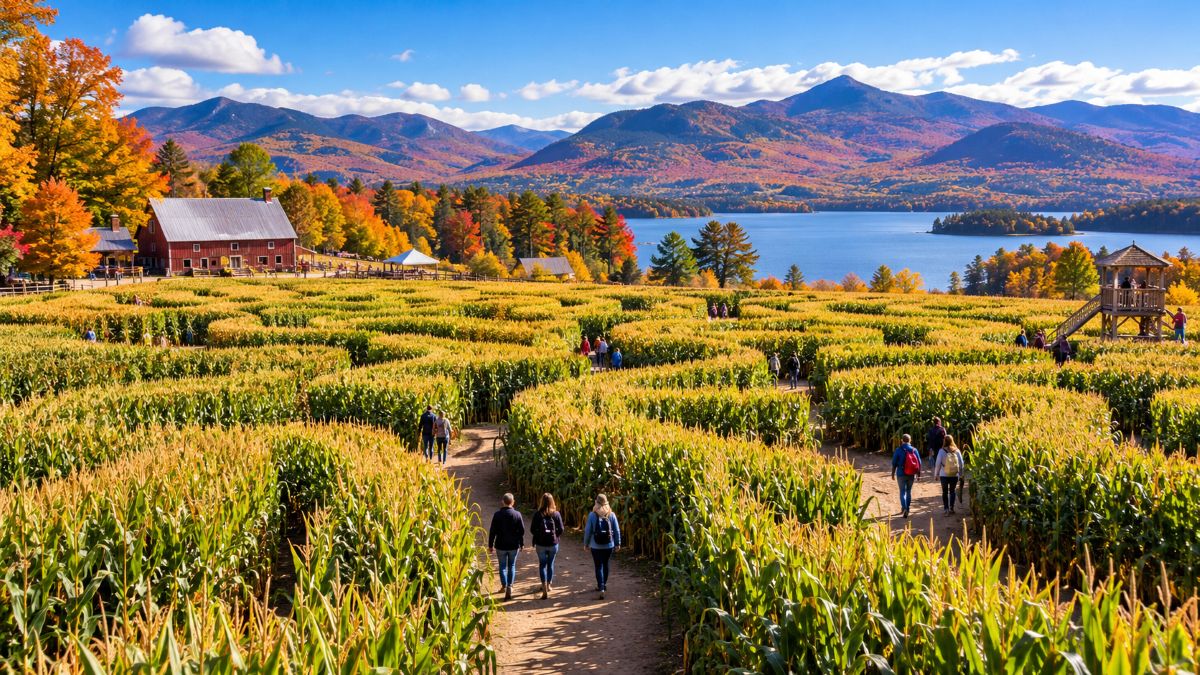 Aerial view of the intricate snowflake-shaped great vermont corn maze sprawling across autumn farmland in north danville.