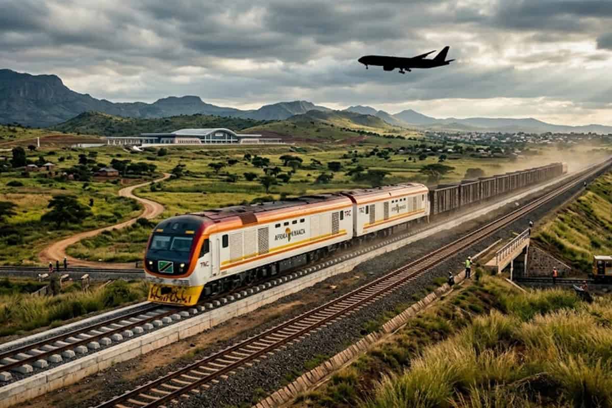 An electric trc sgr train travels through the tanzanian countryside with a long freight consignment, with a passenger plane visible above under a dramatic, cloudy sky.