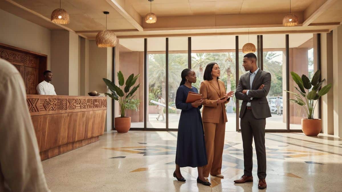Business delegates greet one another in a sunlit Kampala convention centre foyer beside a modern hotel entrance.