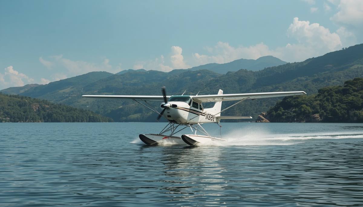 Air - travel and tour world An amphibious cessna 208 caravan seaplane by alma air landing on the scenic waters of the el penol-guatape reservoir in antioquia, colombia.