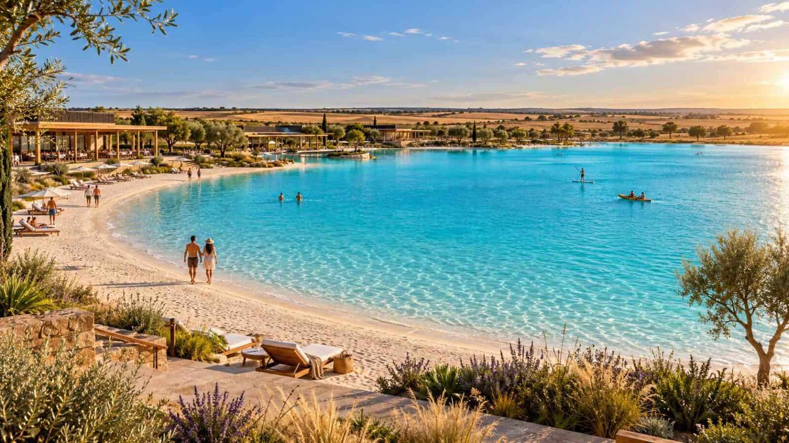 Spain’s alovera beach - travel and tour world Illustrative visualisation of the planned alovera beach lagoon and white-sand leisure area in spain.
