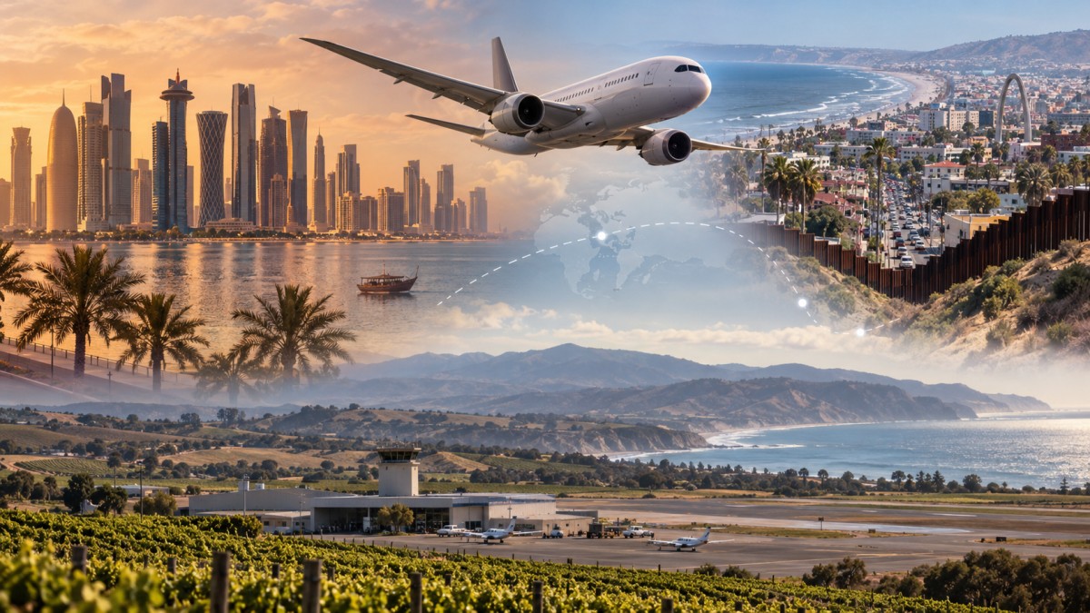 Airplane flying over coastal cities