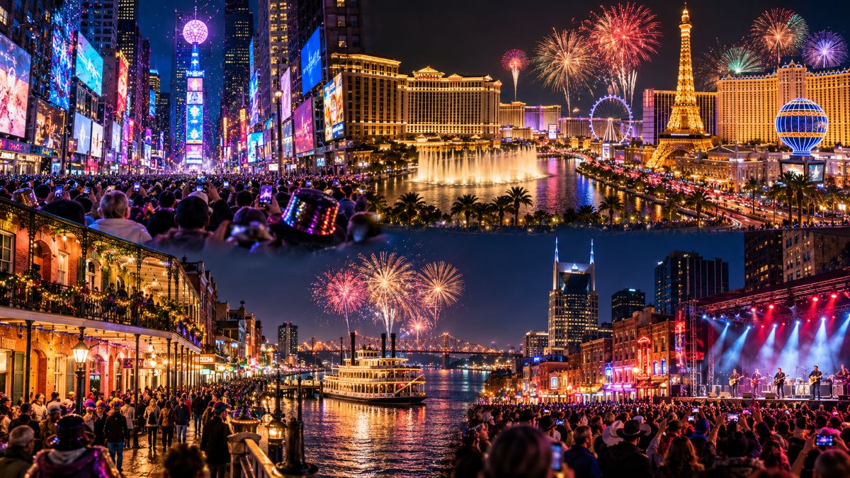 New year&rsquo;s eve celebrations in new york city, las vegas, new orleans and nashville.