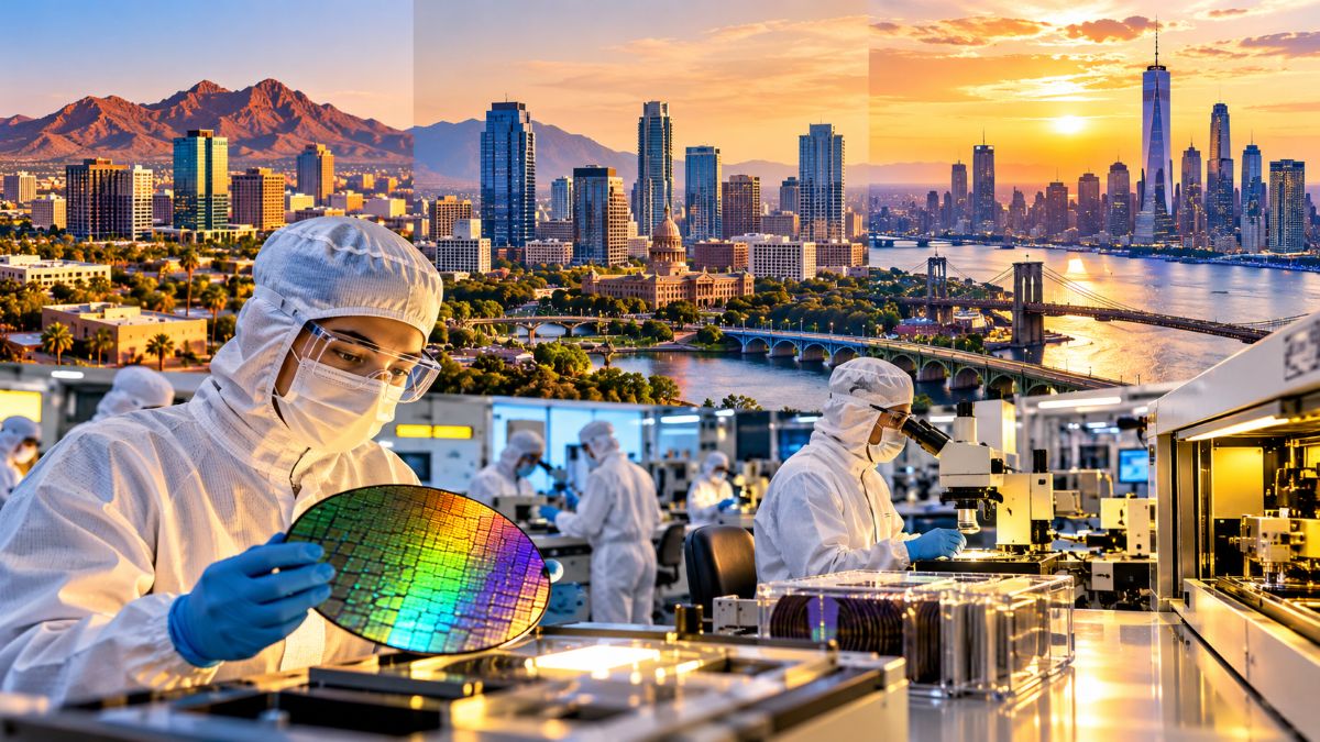 Arizona texas and new york semiconductor workforce collaboration featuring cleanroom technicians inspecting silicon wafers against a futuristic american cityscape - travel and tour world Arizona, texas and new york semiconductor workforce collaboration featuring cleanroom technicians inspecting silicon wafers against a futuristic american cityscape.