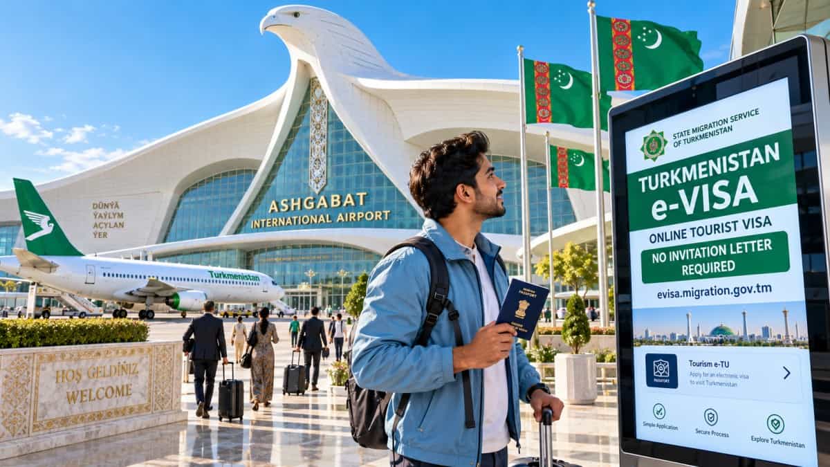International tourist reviews turkmenistan's new e-Visa application on a laptop, with Ashgabat's modern architecture in the background.