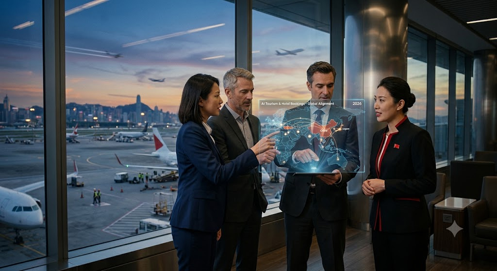 Asia travel - travel and tour world Business travellers working in 3d mapping setting