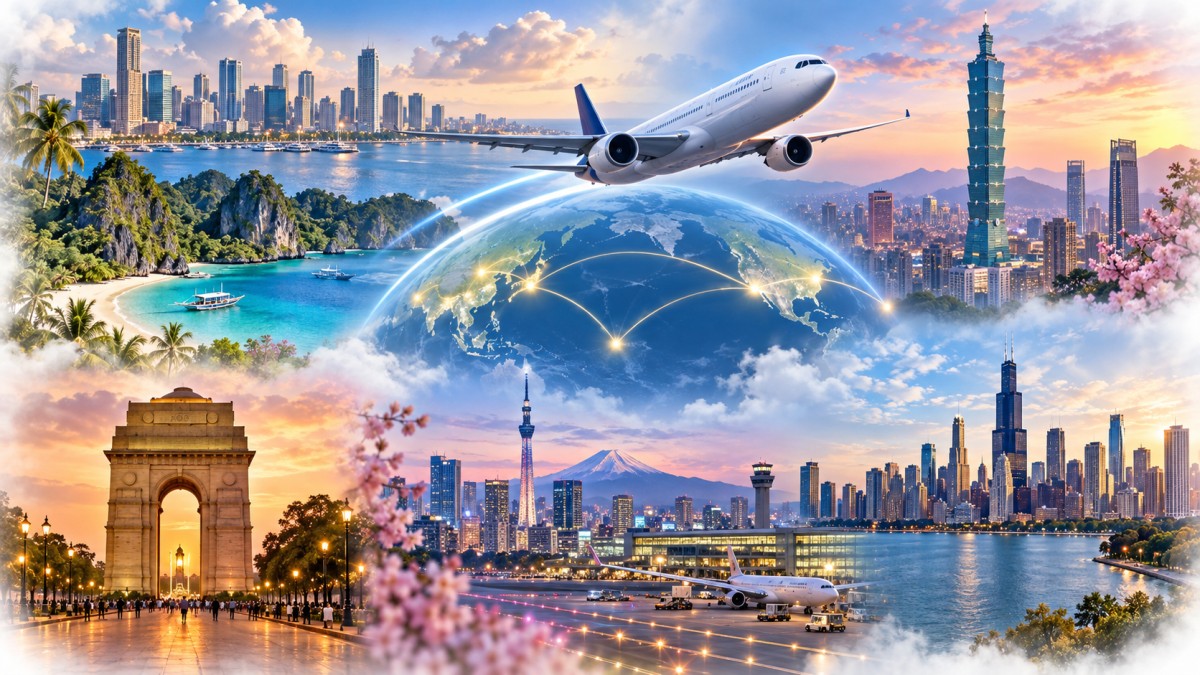 Airplane flying over asian city skylines