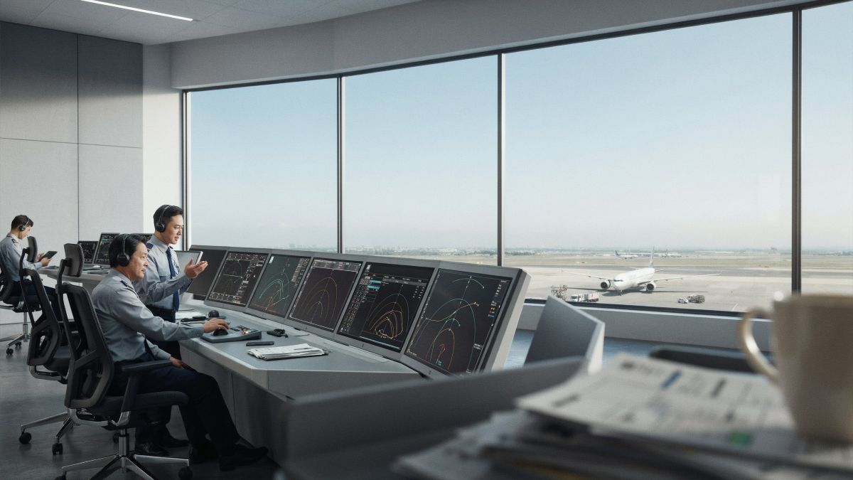 Air traffic controllers coordinate flights in an asian control tower as a passenger aircraft passes outside.