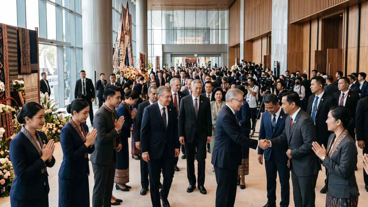 Asian hospitality tourism - travel and tour world An international diplomatic delegation is respectfully welcomed by hospitality personnel in modern uniforms with traditional handwoven patterns at a bustling asian summit venue.