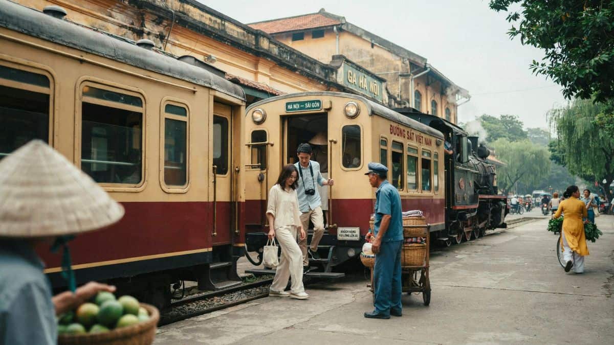 Hanoi heritage train travels near long bien bridge in vietnam.