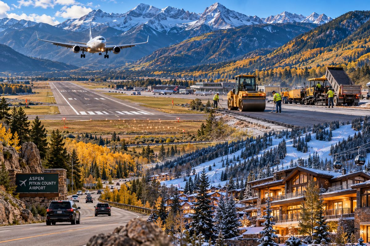 Aspen airport - travel and tour world Aspen airport renovation in colorado with runway construction, a passenger aircraft and the rocky mountains.