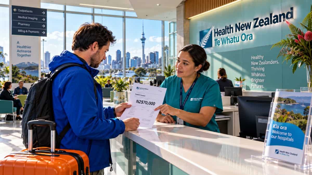 International tourist reviews a medical bill at a new zealand hospital as health nz pursues nz million in unpaid healthcare costs.