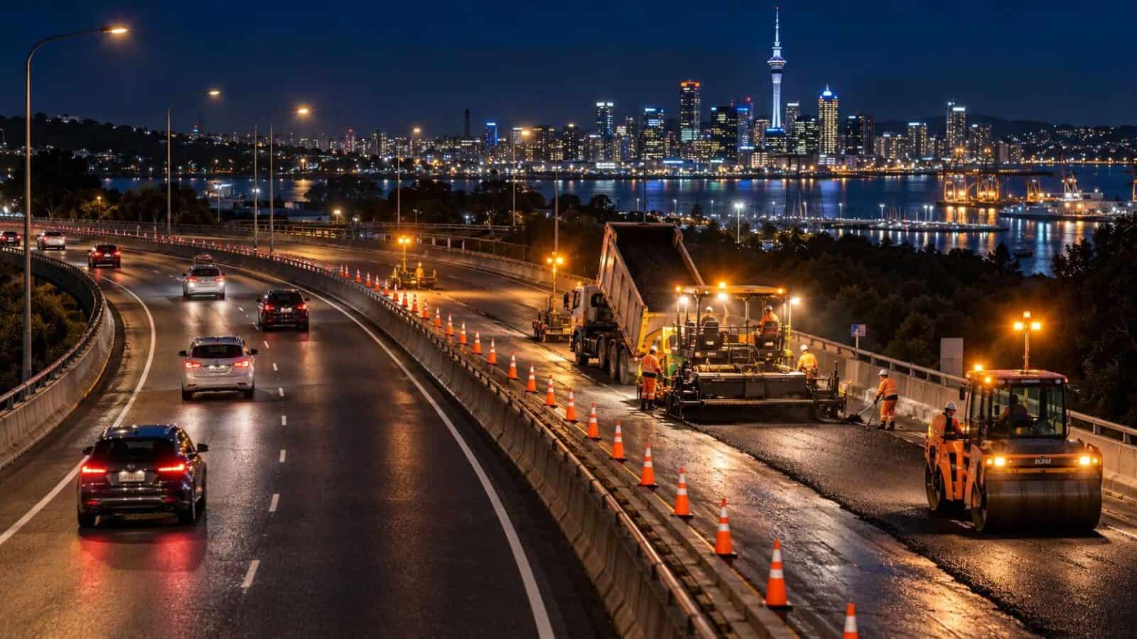 New zealand travel - travel and tour world Illustrative auckland motorway closures scene with traffic cones, maintenance lights and vehicles approaching a night-time diversion.