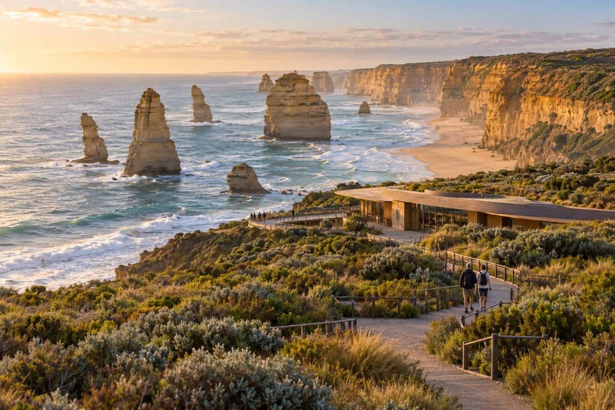 Limestone sea stacks off victoria&rsquo;s coast, with visitors walking towards a low-profile visitor centre amid coastal vegetation