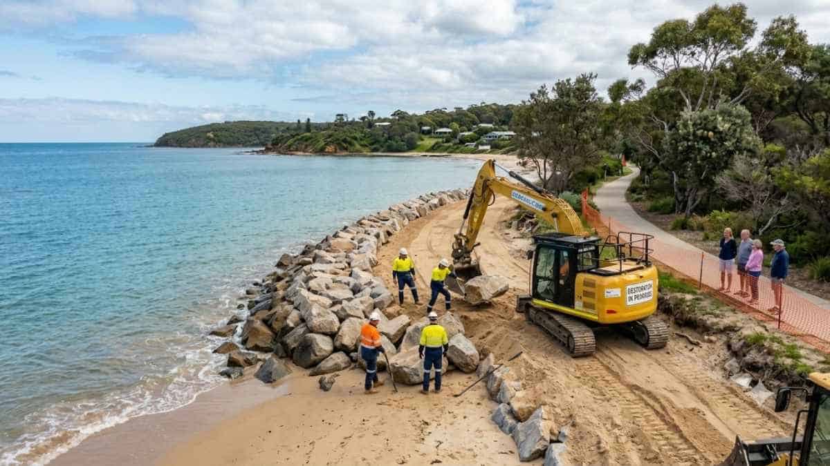 Australia coastal ecotourism - travel and tour world Construction workers and an excavator work on a rocky breakwater along a beach. Four workers in safety gear and hard hats handle large rocks near the excavator, while a crowd watches from behind an orange safety fence on a nearby coastal path.