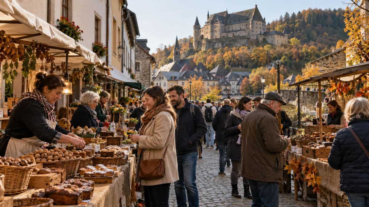 Autumn market beneath the castle - travel and tour world Local vendors arrange walnuts and traditional cakes as visitors browse vianden’s historic walnut market in luxembourg, with vianden castle overlooking the cobbled street in autumn sunlight.