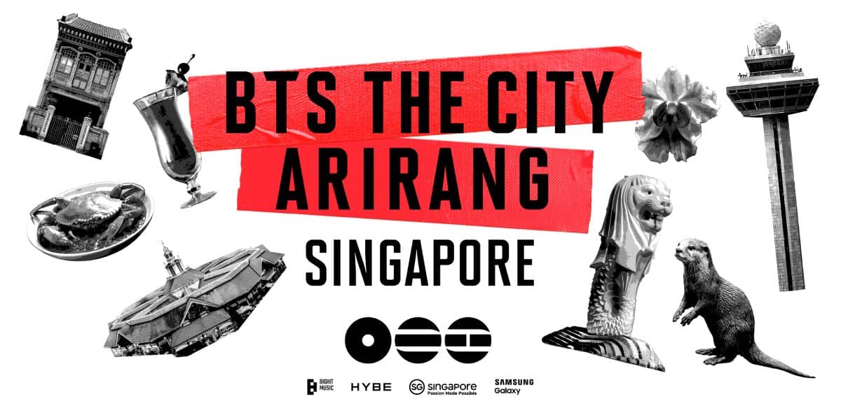 Bts the city arirang singapore promotional collage featuring iconic landmarks.