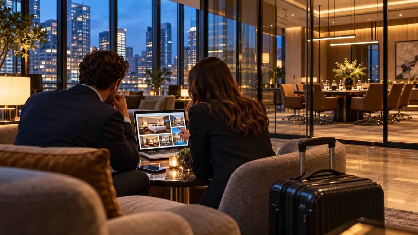 Us and uk business travel - travel and tour world Business travel planning on a laptop in a modern hotel lounge beside meeting facilities.
