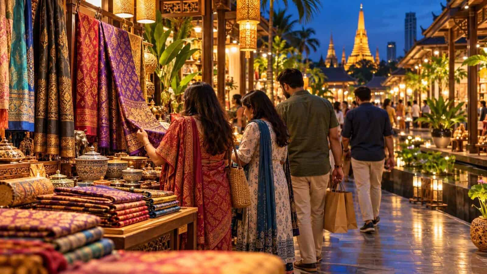 Thailand - travel and tour world Thailand shopping tourism illustration showing travellers browsing local crafts in bangkok.