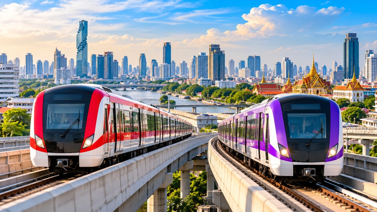 Bangkok red and purple trains - travel and tour world Modern trains running on tracks in bangkok