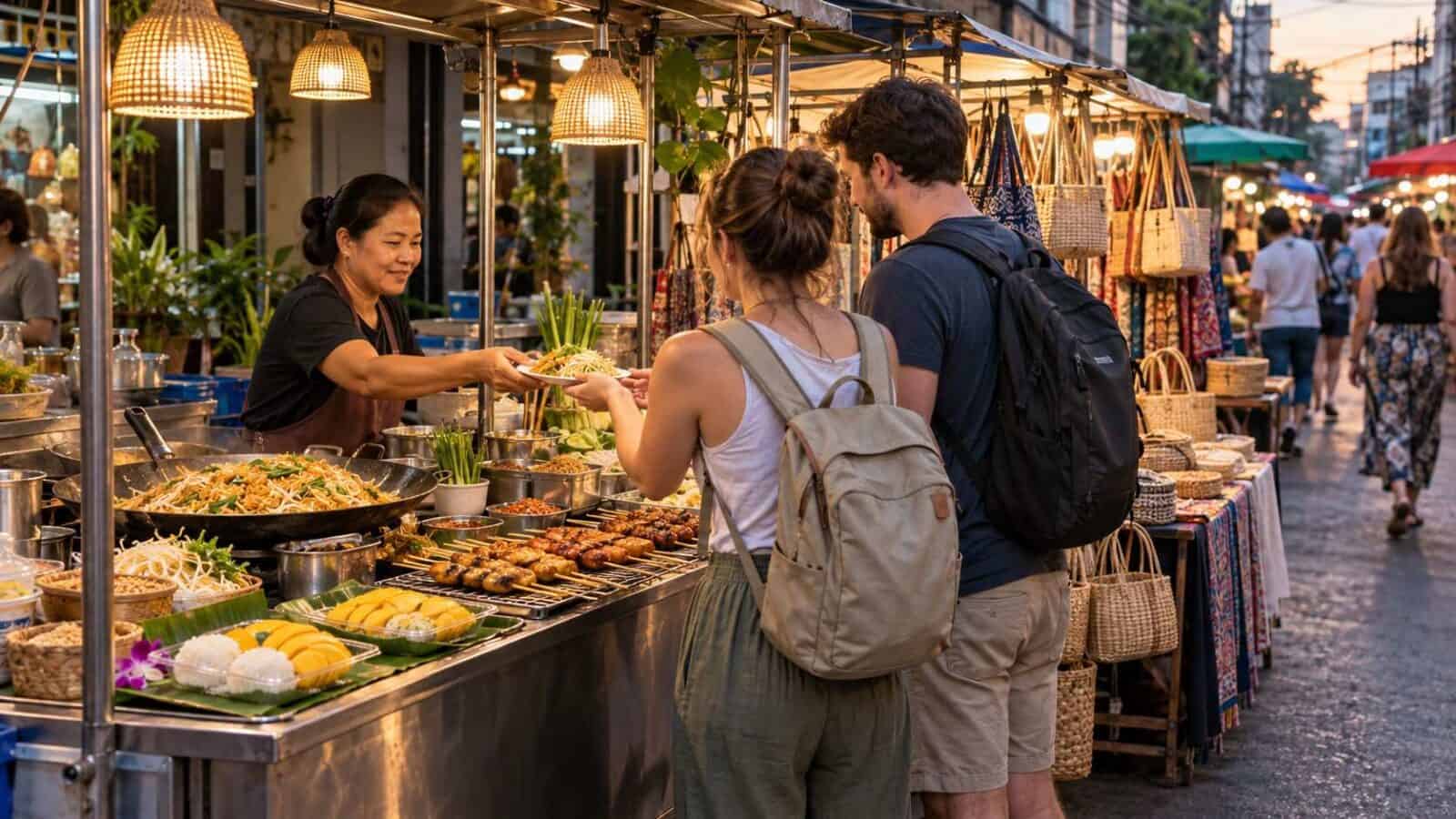 Thailand tourism - travel and tour world Travellers browsing a bangkok evening market illustrate the visitor spending focus behind thailand tourism targets.