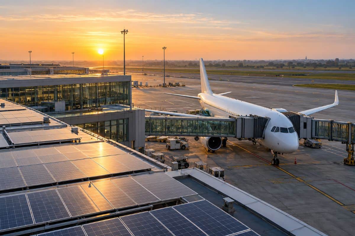 Rooftop solar panels beside a modern airport terminal and parked passenger aircraft at sunrise.