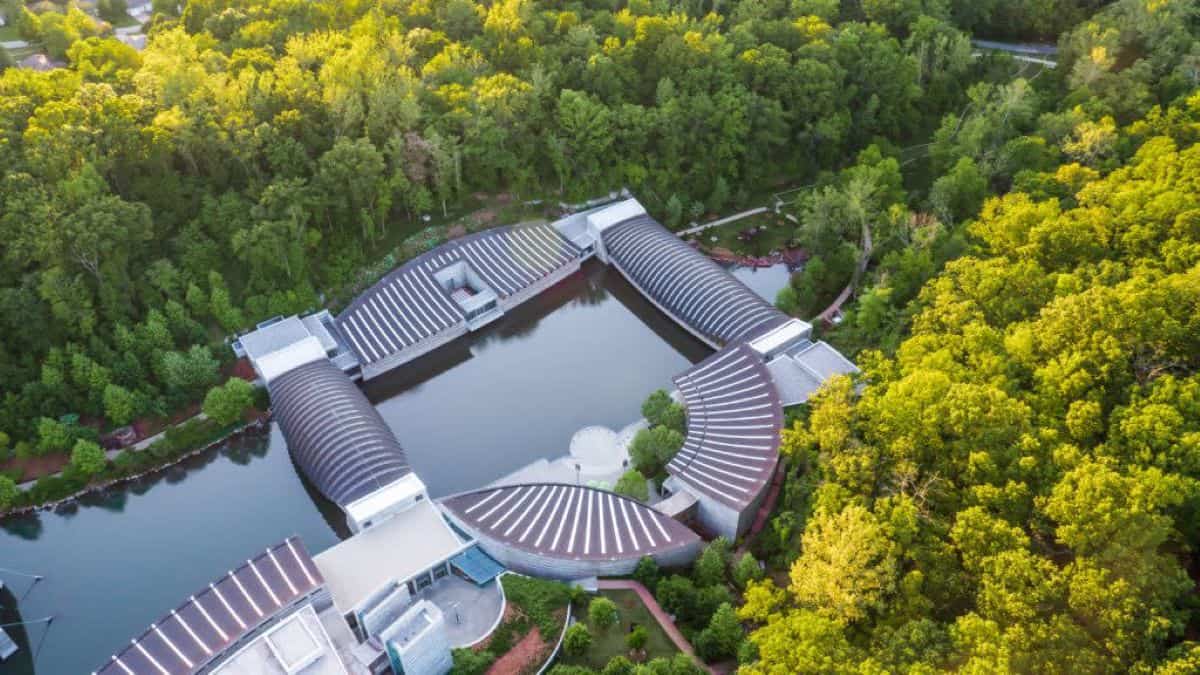 Aerial view of crystal bridges museum surrounded by forest in bentonville, arkansas.