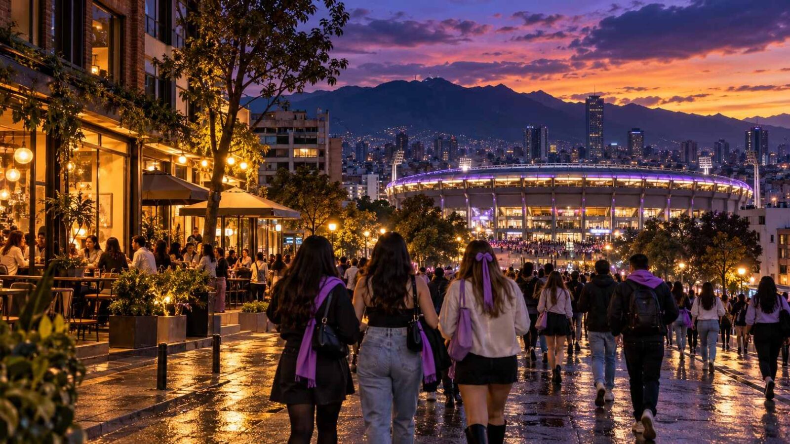 Concert visitors walk past warmly lit caf&eacute;s towards an illuminated stadium beneath a colourful evening sky in a bogot&aacute; scene.