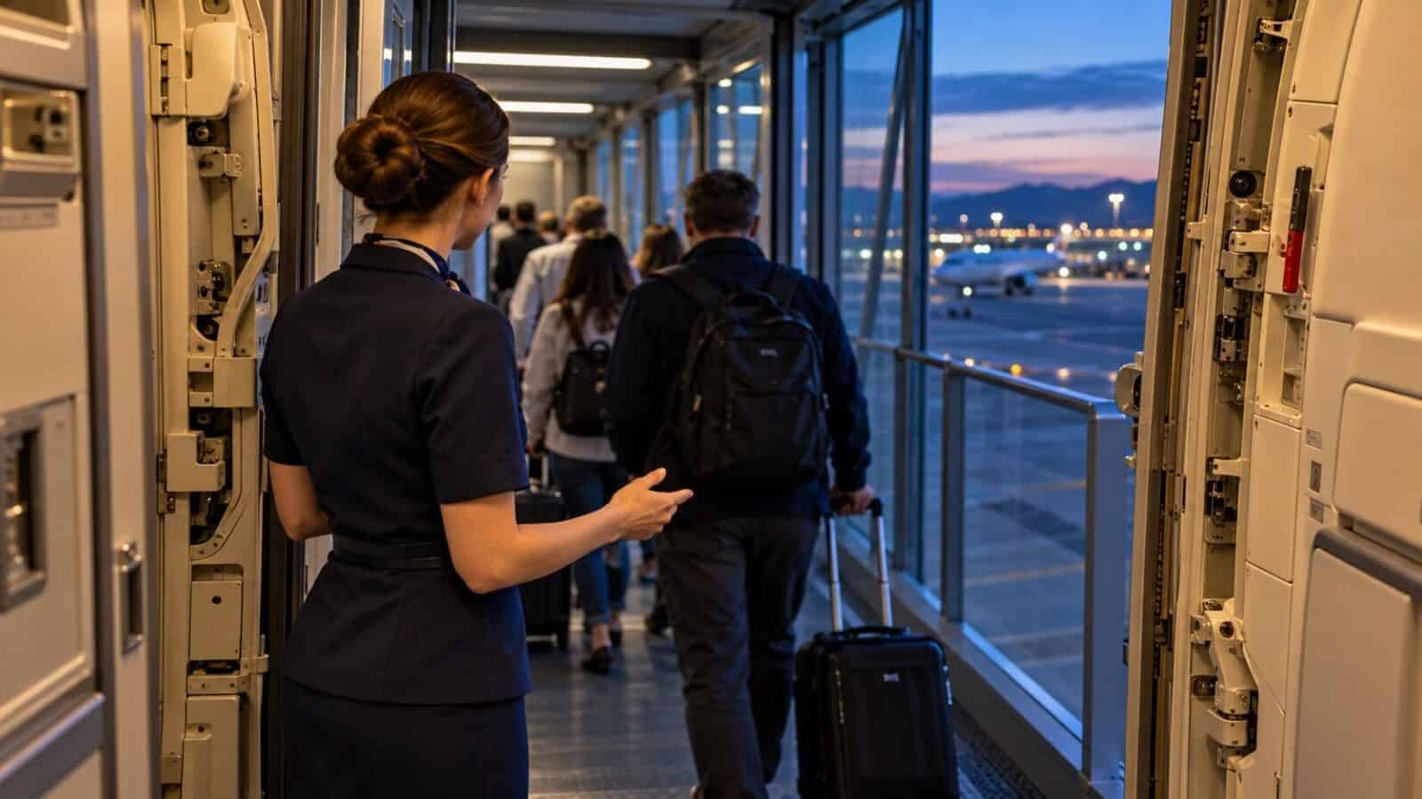 Flight attendant welcoming passengers aboard an unbranded aircraft, illustrating us boarding pay rules.