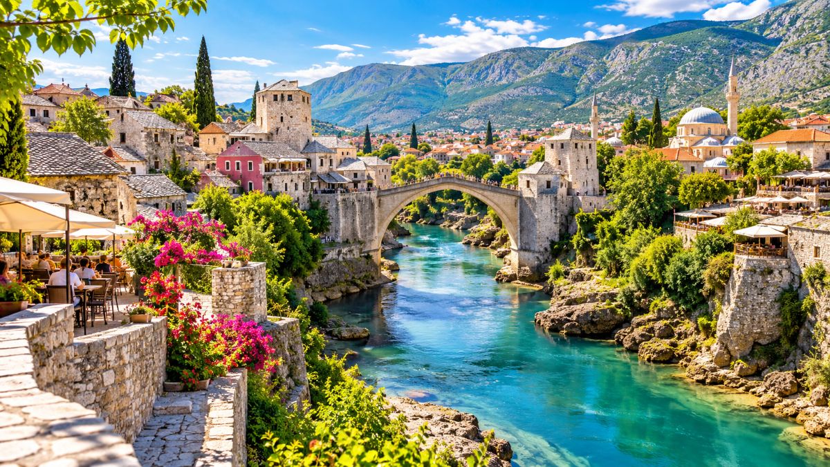 Bosnia and herzegovina balkan heritage cityscape with historic stone bridge turquoise river ottoman-era architecture mountains and vibrant tourism scenery - travel and tour world Bosnia and herzegovina balkan heritage cityscape with historic stone bridge, turquoise river, ottoman-era architecture, mountains and vibrant tourism scenery.