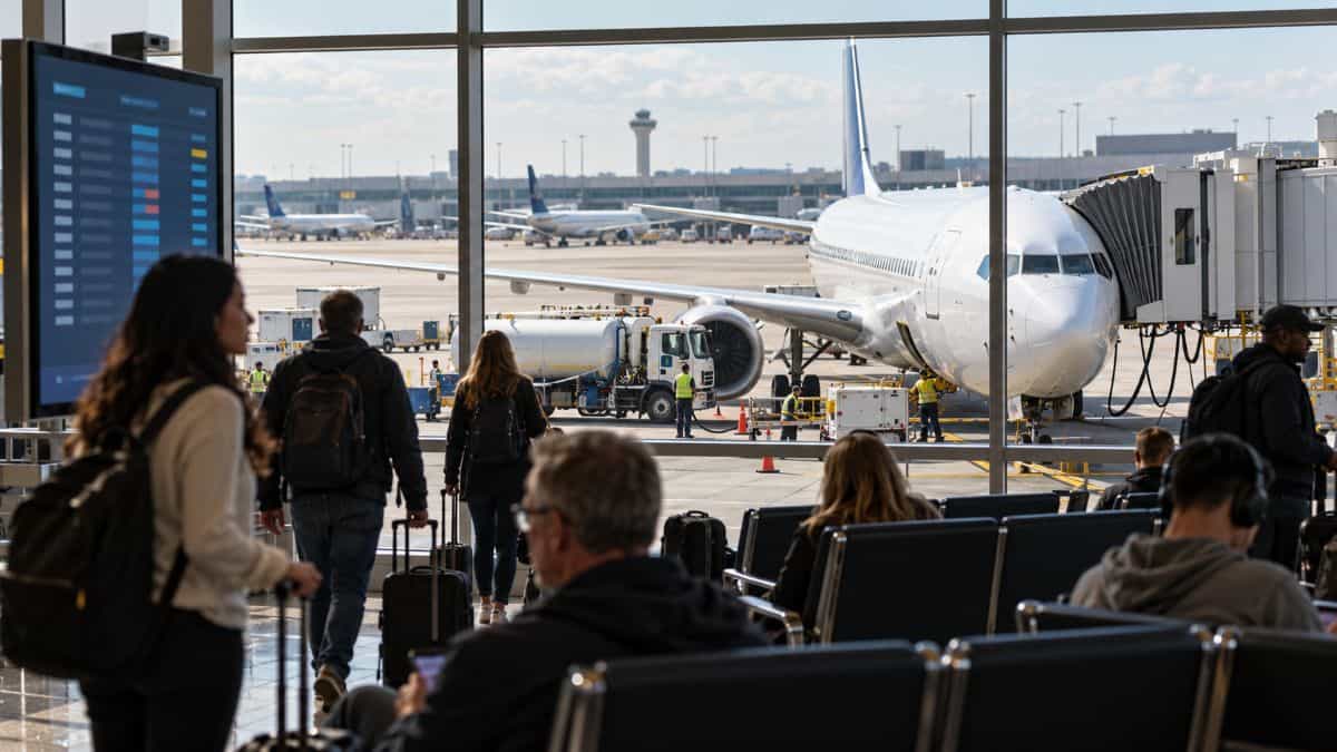 Passenger aircraft and fuel vehicle at a busy us airport, with travellers and a digital information screen in the terminal.