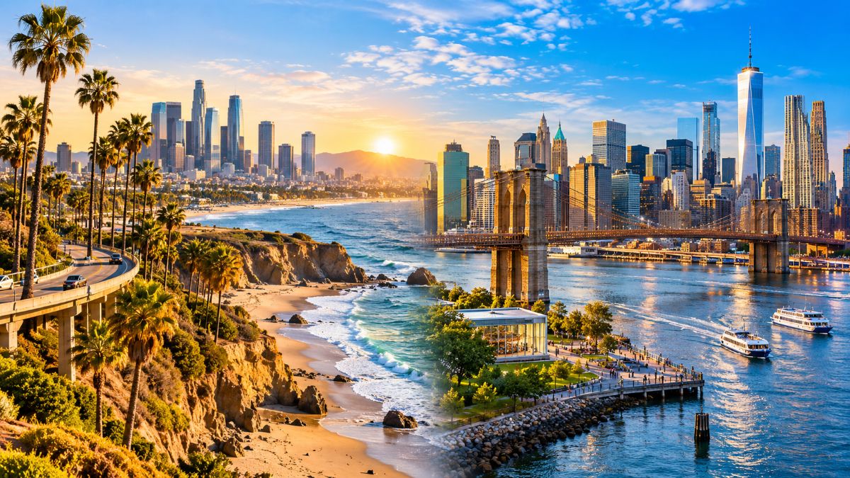 California and new york cityscapes connected by a vibrant coastal travel landscape, featuring palm-lined beaches, ocean views, urban skylines, bridges and waterfront tourism.