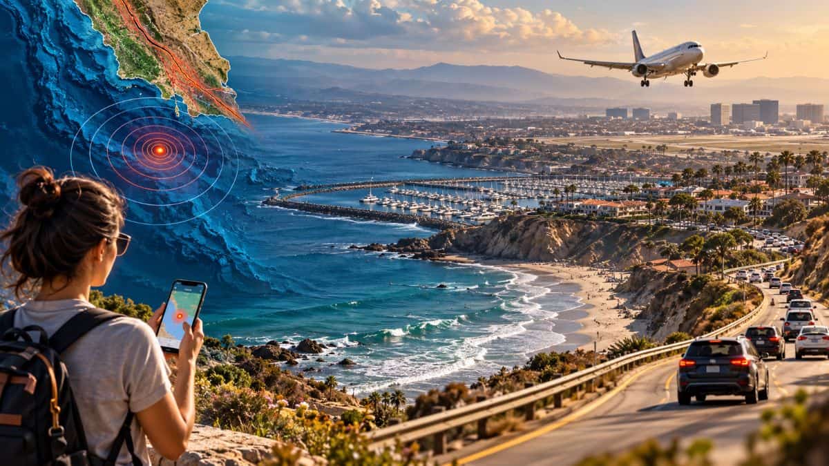 Orange county california coastline after offshore earthquake near dana point with traveller and aircraft