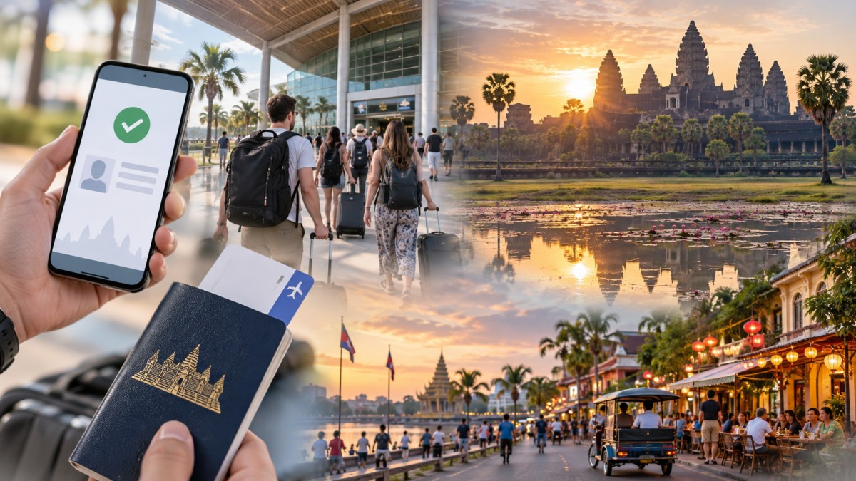 Cambodia digital visa and tourism collage 1 - travel and tour world Digital visa smartphone and passport