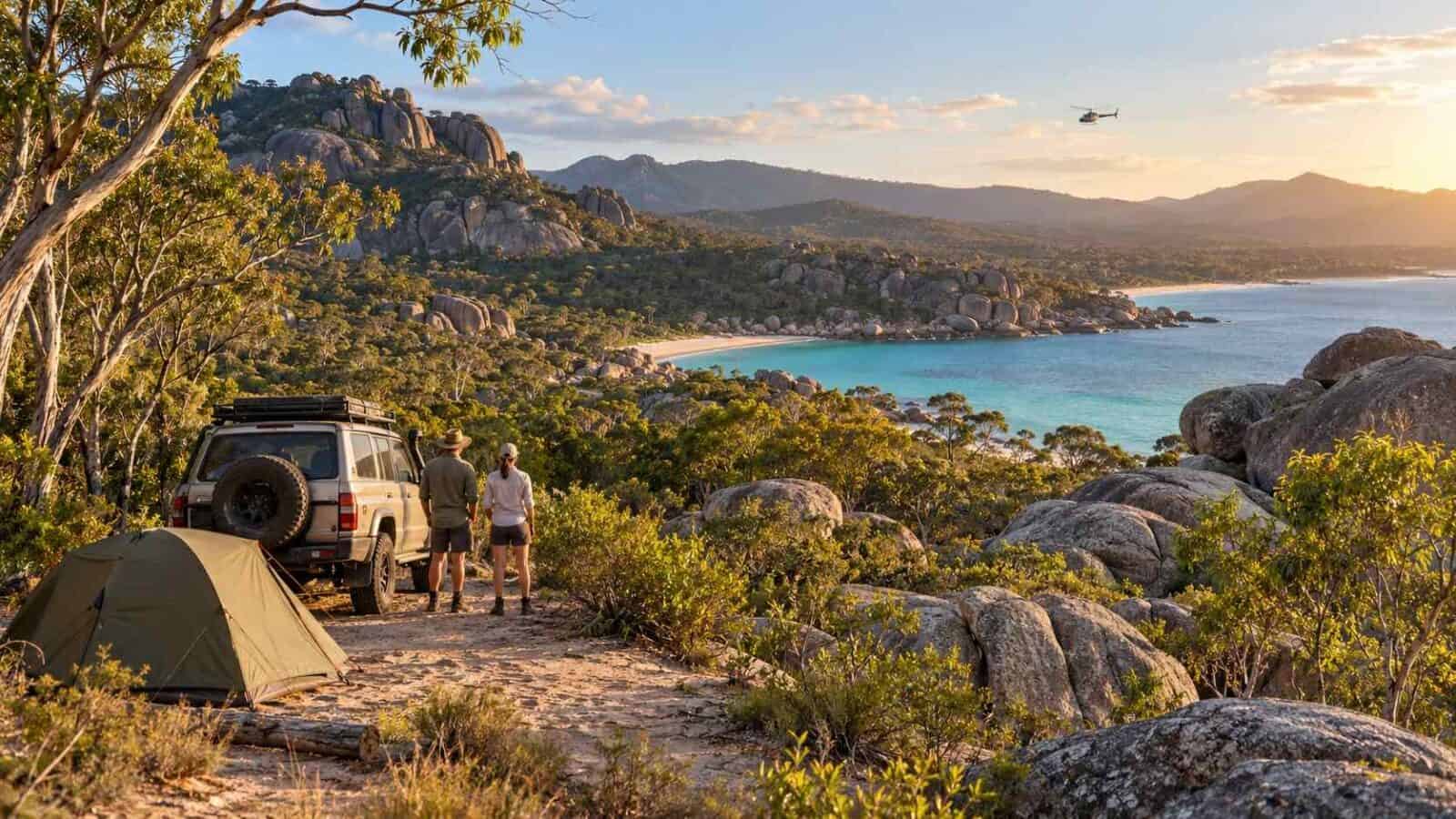 Editorial illustration of cape melville campers beside a coastal campsite with a helicopter in the distance.